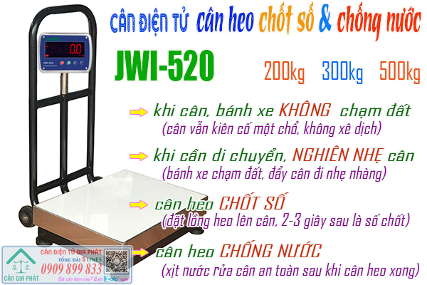 Cân điện tử cân heo JWI-520 200kg 300kg 500kg chốt số & chống nước & có bánh xe